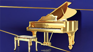 icon of gold piano on navy blue background for Kristall Nacht Commemoration event