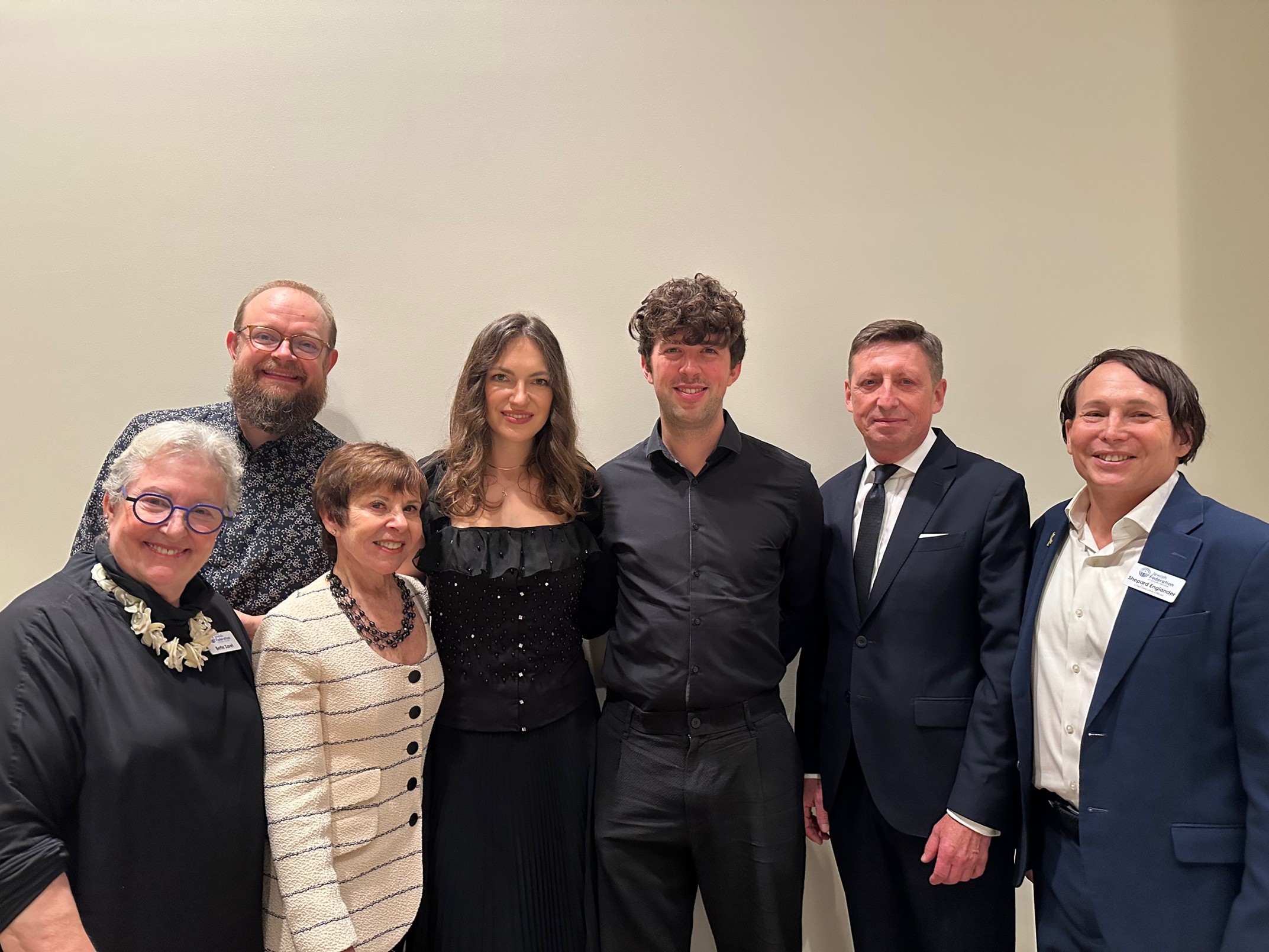 Left to right: Bette Zaret: Holocaust Education Specialist Jewish Federation of Sarasota-Manatee; Grzegorz Mania: President and Co-Founder and featured pianist of the Polish Chamber Musicians’ Association; Janie Press: Founder and President of Holocaust Music Lost & Found; Karolina Mikolajczyk: Violin PCMA; Iwo Jedynecki: Accordion PCMA; Jaroslaw Lasinski: - Counsel General of the Republic of Poland in Houston Jewish Federation of Sarasota-Manatee; Shepard Englander: CEO Jewish Federation of Sarasota-Manatee