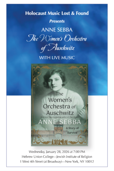 Program Cover for HMLF event: A Book Discussion with Live Music "The Women's Orchestra of Auschwitz: A Story of Survival" A Conversation with Author Anne Sebba and Bret Werb, Music Curator
